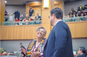  ?? EDDIE MOORE/JOURNAL ?? House Majority Leader Sheryl Williams Stapleton, D-Albuquerqu­e, talks with Speaker of the House Brian Egolf, D-Santa Fe, on the House floor on Friday.