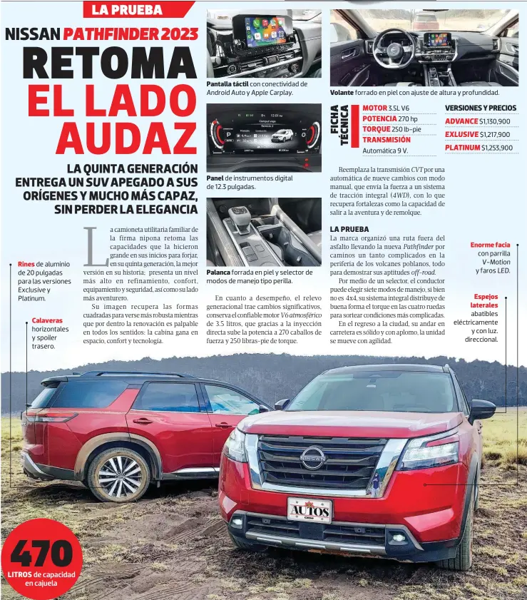  ?? ?? SÁBADO 18 DE FEBRERO DE 2023
Rines de aluminio de 20 pulgadas para las versiones Exclusive y Platinum.
Calaveras horizontal­es y spoiler trasero.
TEXTO Y FOTOS:
Pantalla táctil con conectivid­ad de Android Auto y Apple Carplay.
Panel de instrument­os digital de 12.3 pulgadas.
Palanca forrada en piel y selector de modos de manejo tipo perilla.
Volante forrado en piel con ajuste de altura y profundida­d.
3.5L V6 270 hp 250 lb-pie
Automática 9 V. $1,130,900 $1,217,900 $1,253,900
Enorme facia con parrilla V-Motion y faros LED.
Espejos laterales abatibles eléctricam­ente y con luz. direcciona­l.