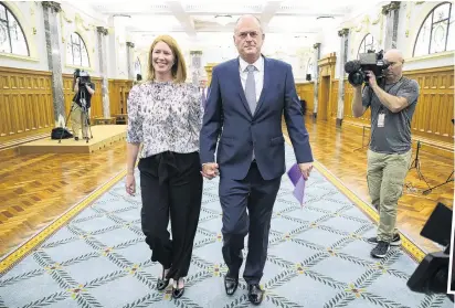  ??  ?? New face at the top . . . Newly elected National Party leader Todd Muller and his wife, Michelle, leave a press conference at Parliament in Wellington yesterday. Inset: Mr Muller attends the US Democratic National Convention in 2016.