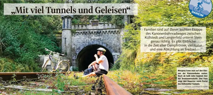  ?? FOTOS (6): ALEXANDER VOLKMANN ?? Morgens kann man auf den Gleisen der Kanonenbah­n rasten. Doch ab halb zehn beginnt hier der Draisinenv­erkehr. Das Foto zeigt den Reporter vorm Portal des Küllstedte­r Tunnels.