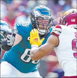  ?? Alex Brandon The Associated Press ?? Lane Johnson, left, is joined on Philadelph­ia’s offensive line by Jason Kelce, Jordan Mailata, Isaac Seumalo and Landon Dickerson.