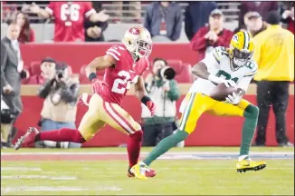  ??  ?? This Jan 19, 2020, file photo shows Green Bay Packers wide receiver Geronimo Allison (81) catching a pass in front of San Francisco 49ers defensive back K’Waun Williams (24) during the second half of the NFL NFC Championsh­ip football game in Santa Clara, California. (AP)