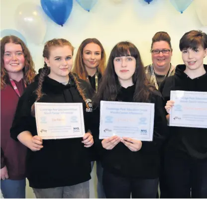  ??  ?? Launch event Coatbridge peer educators Eva Findlay, Cathryn O’Neill and Heather Meechan with youth workers Kimberley Honeyman and Kirsty McKenny and council senior youth worker Amy Reynolds