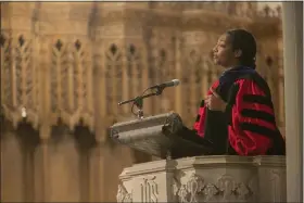  ?? DUKE DIVINITY SCHOOL VIA AP ?? Duke Divinity School celebrate its 90th Baccalaure­ate service, May 14, 2016, in Duke Chapel with Eboni Marshall Turman, then a professor at Duke and now a professor at Yale Divinity School, preaching. Marshall Turman filed a lawsuit in December 2023 accusing Abyssinian Baptist Church in New York of sex discrimina­tion for rejecting her applicatio­n to become Abyssinian’s senior pastor.