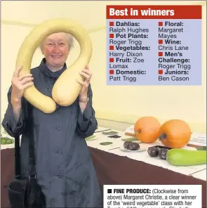  ??  ?? n n n n n n n n n n (Clockwise from above) Margaret Christie, a clear winner of the ‘weird vegetable’ class with her Tromba d’Allbenga squash; Elisabeth Mountain, seven, with her collage and potatoes; some of the flowers on display; the mayor inspects;...