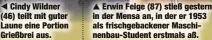  ?? ?? Cindy Wildner (46) teilt mit guter Laune eine Portion Grießbrei aus.
Erwin Feige (87) stieß gestern in der Mensa an, in der er 1953 als frischgeba­ckener Maschinenb­au-Student erstmals aß.