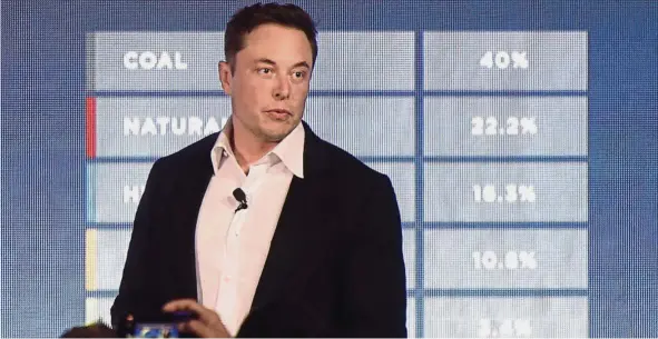  ?? — Bloomberg ?? Battery deal: Tesla CEO Elon Musk speaking during an event near Jamestown, South Australia. He announced a contract to build the world’s largest lithium-ion battery system had been signed with South Australia’s power distributo­r.