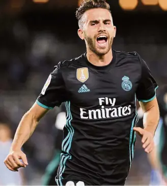  ??  ?? Super sub: Real Madrid striker Borja Mayoral celebratin­g after scoring against Real Sociedad during the La Liga match at the Anoeta Stadium in San Sebastian on Sunday. Real won 3-1. — AFP