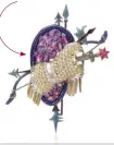  ??  ?? Diana Vreeland’s Trophée de Vaillance brooch in gold and platinum with rubies, amethyst and enamel, circa 1941