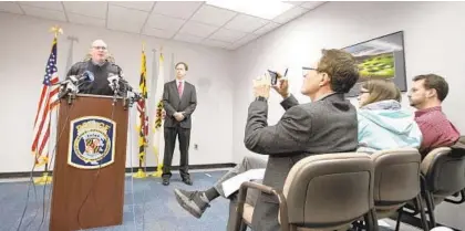  ?? JEN RYNDA/BALTIMORE SUN MEDIA GROUP ?? County Police Chief Timothy Altomare speaks Friday about the arrest of Dillon Nicholas Augustynia­k, 18, of Jessup, in the death of Steve Bernard Wilson, 33, of Annapolis. Wilson was working in a model home in Hanover when he was killed Wednesday.