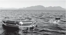  ??  ?? A sea lion jumps near a life-raft used on the whale-watching boat Leviathan II, near Tofino on Monday.