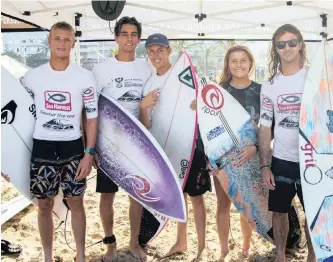  ?? YOUNG GUNS: PIERRE TOSTEE ?? North Swell’s ‘second team’ (from left to right) Luke Thompson, Karl Steen, James Ribbink, Kayla Nogueira and Chad du Toit ensured that Sea Harvest SA Interclub Championsh­ips will return to Durban’s Golden Mile next year after their big upset in the Interclub last weekend. |