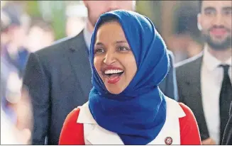  ?? [CAROLYN KASTER/THE ASSOCIATED PRESS] ?? Rep. Ilhan Omar, D-Minn., arrives for President Donald Trump's State of the Union address to a joint session of Congress on Capitol Hill on Feb. 5 in Washington. Omar's latest remarks about Israel have prompted House Democrats to draft a resolution condemning anti-Semitism.