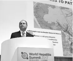  ??  ?? Brazilian Minister of Health Ricardo Barros speaks during the World Hepatitis Summit 2017, in Sao Paulo, Brazil. — AFP photo