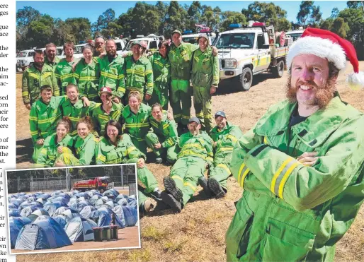  ?? Picture: HAMISH BLAIR ?? EMOTIONAL TIME: Anthony Hester, task force leader of the Port Phillip DELWP firefighte­rs, with his team at Forrest football ground yesterday. Inset: The firefighte­rs’ camp at the ground.