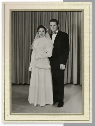  ?? ?? Above: a studio portrait of Sandra’s mom and dad, Pietro and Maria (née Tomasi) Salvador. At left, the wedding party on procession through Corbanese, Italy, with Pietro’s elder brother, Nino, standing in for him.