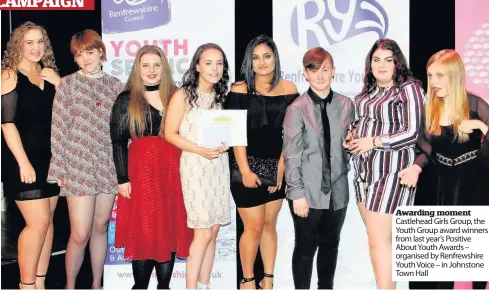  ??  ?? Awarding moment Castlehead Girls Group, the Youth Group award winners from last year’s Positive About Youth Awards – organised by Renfrewshi­re Youth Voice – in Johnstone Town Hall