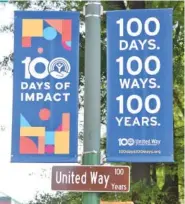  ?? STAFF PHOTOS BY MATT HAMILTON ?? A street sign commemorat­ing the 100-year anniversar­y of United Way hangs Friday at the intersecti­on in front of the United Way location on Market Street.