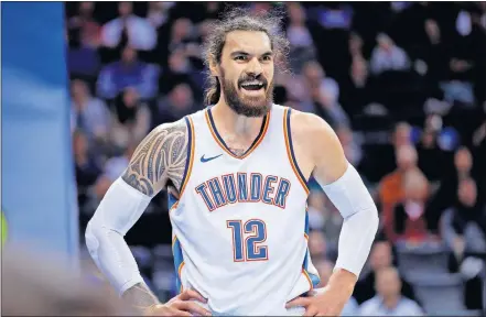  ?? OKLAHOMAN] [SARAH PHIPPS/ THE ?? Oklahoma City's Steven Adams leads NBA centers in loose balls recovered and is fourth in deflection­s at his position.