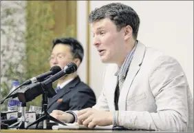  ?? Korean Central News Agency ?? President Donald Trump’s remarks Thursday about taking Kim Jong Un’s word that he knew nothing of the torture of American college student Otto Warmbier, seen above in 2016, while in North Korean custody has sparked a bipartisan backlash at home. Trump appeared to side with the reclusive leader about the case of Warmbier, who a U.S. judge concluded was tortured by North Korean authoritie­s. Warmbier was released in a coma and died shortly afterwards.