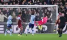  ?? James Gill/Danehouse/ Getty Images ?? Emerson Palmieri smashes his shot past Mark Flekken for West Ham’s fourth goal. Photograph: