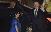  ?? — PTI ?? External affairs minister Sushma Swaraj greets US secretary of state Mike Pompeo on his arrival at Palam Air Force Station on Wednesday evening.