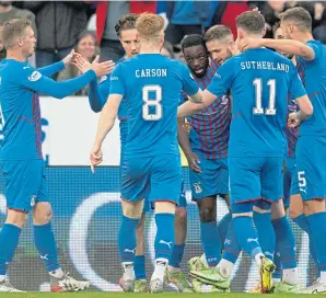  ?? ?? The Caley Jags players celebrate Austin Samuels’ goal on Friday night