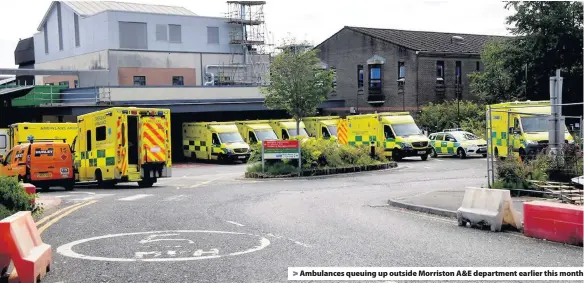  ??  ?? > Ambulances queuing up outside Morriston A&E department earlier this month