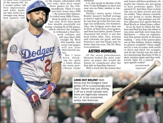  ??  ?? LOOK OUT BELOW! Matt Kemp and the Dodgers have gotten off to a surprising­ly poor start. Rather than just writing it off as a small sample size, there are legitimate reasons for L.A. to be concerned, writes Joel Sherman.