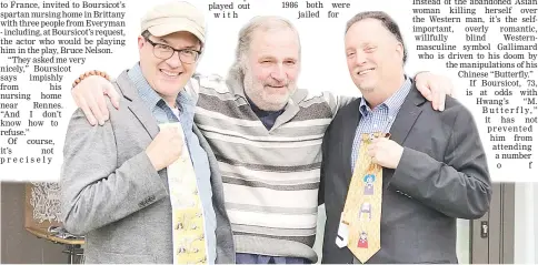  ??  ?? Nelon and Lancisi with Boursicot, center, outside his nursing home near Rennes, France. Boursicot gave his guests Asian-themed neckties. — Photo by Kiirstn Pagan - Everyman Theatre.