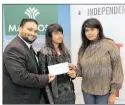  ?? PICTURES: SHELLEY KJONSTAD ?? RIGHT: Marketing co-ordinator Kevashan Ethiraju, left, and POST news editor Candice Soobramone­y, right, with bursary recipient Ubhaidha Mahomed.