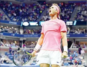  ?? STEVEN RYAN/GETTY IMAGES/AFP ?? Rafael Nadal reacts after his third-round win over Leonardo Mayer on day six of the 2017 US Open in New York on Saturday.