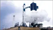  ?? SpaceX via AP ?? In this Wednesday image from video made available by SpaceX, liquid oxygen vents off the Falcon 9 rocket as NASA astronauts Bob Behnken and Doug Hurley in the Crew Dragon capsule prepare for launch from the Kennedy Space Center in Cape Canaveral, Fla., moments before the mission was aborted due to weather problems.