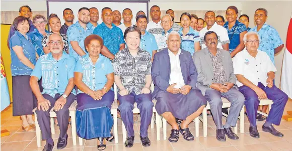  ?? Picture: ELIKI NUKUTABU ?? Japanese ambassador Masahiro Omura (sitting third from left) joins the PM Voreqe Bainimaram­a and Team Fiji officials and athletes to the 2021 Olympic Games at the Japanese ambassador’s residence in Suva on Thursday.