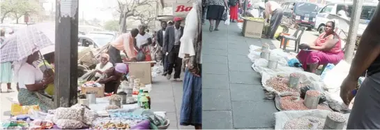  ??  ?? Informal vendors sell their wares on the pavement in front of shops along Herbert Chitepo Street in Bulawayo yesterday. (Picture by Nkosizile Ndlovu)