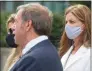  ?? H John Voorhees III / Hearst Connecticu­t Media ?? Attorney Jon Schoenhorn speaks to the media in Stamford after representi­ng Michelle Troconis, right, in Superior Court on Aug. 28, 2020.