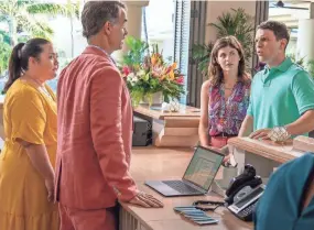  ?? PHOTOS PROVIDED BY MARIO PEREZ/HBO ?? Resort manager Armond (Murray Bartlett, center) and guest Shane (Jake Lacy, right), face off as new employee Lana (Jolene Purdy), left, and Shane’s bride Rachel (Alexandra Daddario) watch.
