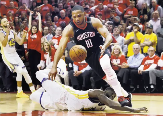  ?? Ronald Martinez / Getty Images ?? Houston’s Eric Gordon steals the ball after Stephen Curry passed it to Draymond Green with less than four seconds left. It was the Warriors’ 18th turnover.