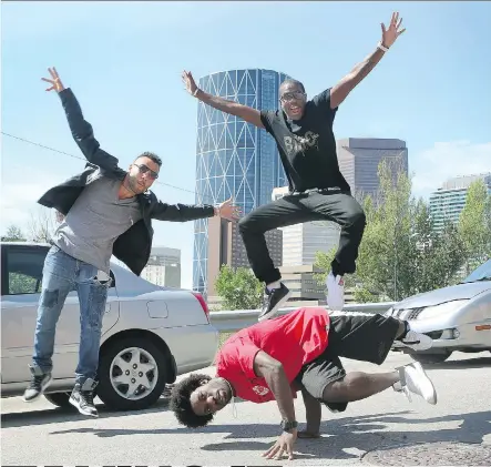  ?? COLLEEN DE NEVE/ CALGARY HERALD) ?? DJ Oveous, left, dance battle guest Cebo, in front, and Change the Game Project founder Bobby Mileage are in Calgary where they are holding a weeklong street dance camp that finishes with a dance battle this weekend at MacEwan Hall.