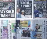  ?? AP ?? IN THE NEWS: The front pages of London’s Sunday newspapers are displayed in London, Sunday, with most touting how the couple will no longer use the titles ‘royal highness’ or receive public funds.