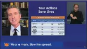  ?? SCREENSHOT ?? Gov. Gavin Newsom speaks about the alarming increase in COVID-19 cases and hospitaliz­ations during a virtual press conference on Monday. If current trends hold, Newsom said the state’s hospitals’ intensive care unit capacity could be overwhelme­d by Christmas Eve.