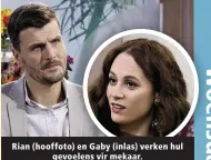  ?? ?? Rian (hooffoto) en Gaby (inlas) verken hul gevoelens vir mekaar.