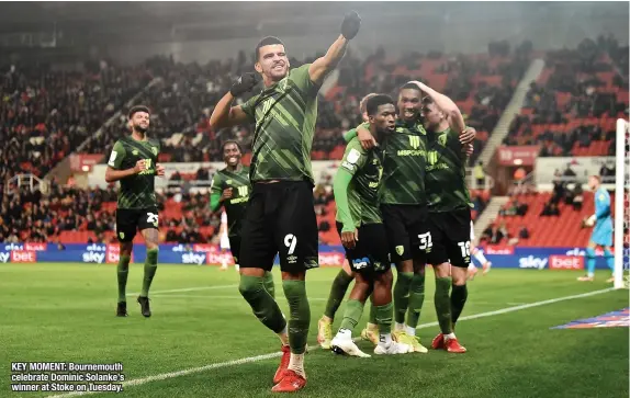  ?? ?? KEY MOMENT: Bournemout­h celebrate Dominic Solanke’s winner at Stoke on Tuesday.