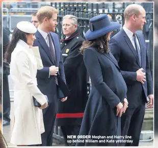 ??  ?? NEW ORDER Meghan and Harry line up behind William and Kate yesterday
