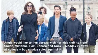  ??  ?? Angie would like to live abroad with her kids (left to right): Shiloh, Vivienne, Pax, Zahara and Knox — Maddox is away at college — but a judge ruled against it