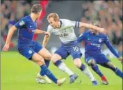  ?? AP ?? Spurs’ Harry Kane gets past Chelsea's N'golo Kante (right) and Cesar Azpilicuet­a during their League Cup semis at Wembley.