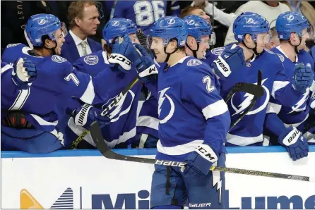  ?? The Associated Press ?? Tampa Bay Lightning defenceman Luke Schenn celebrates after scoring against the New York Rangers on Nov. 14 in Tampa, Fla.