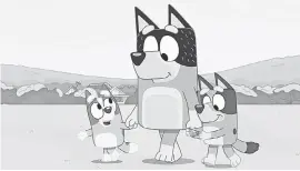  ?? LUDO STUDIOS ?? Bluey, a 6- year- old puppy, heads to the market with her dad, Bandit, and little sister, Bingo, in an episode of “Bluey.”