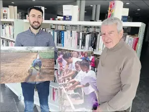  ??  ?? Bruno Barande, chargé de projets culturels à la médiathèqu­e de Toulouges, et André Cogoluègne­s, délégué départemen­tal d’ACF, installent les photos de l’exposition.