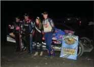  ?? RICK KEPNER - FOR MEDIANEWS GROUP ?? Top 3 finishers Ryan Watt, left, Matt Sheppard, second from left, and race winner Stewart Friesen, right, pose for a photo after the STSS feature at Georgetown (Del.) Speedway last weekend.